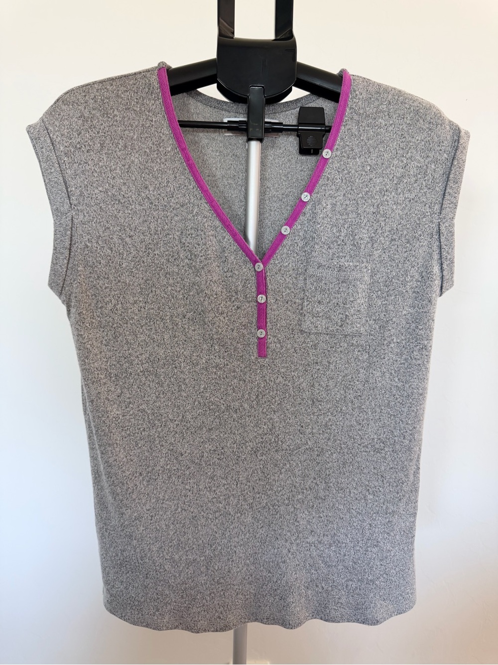 Gray Knit V-Neck Top with Magenta Trim - Live Love Lounge